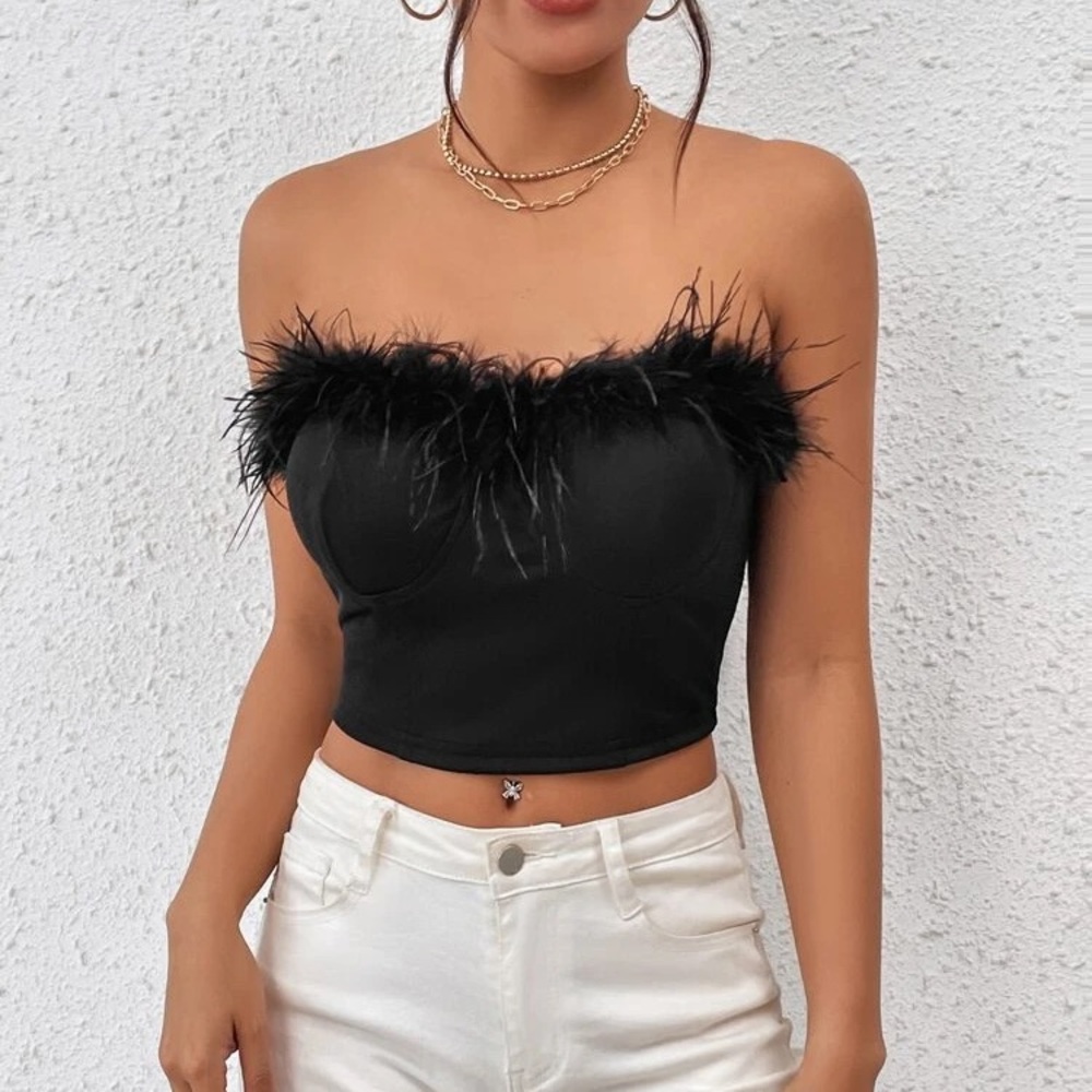STRAPLESS BLACK  FEATHER TOP